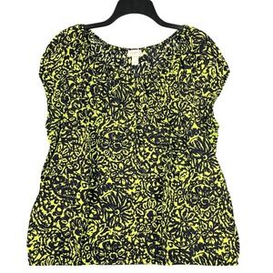 LOFT Green Floral Boho Chic Blouse Womens XL Short Sleeve Black Grunge Festival‎